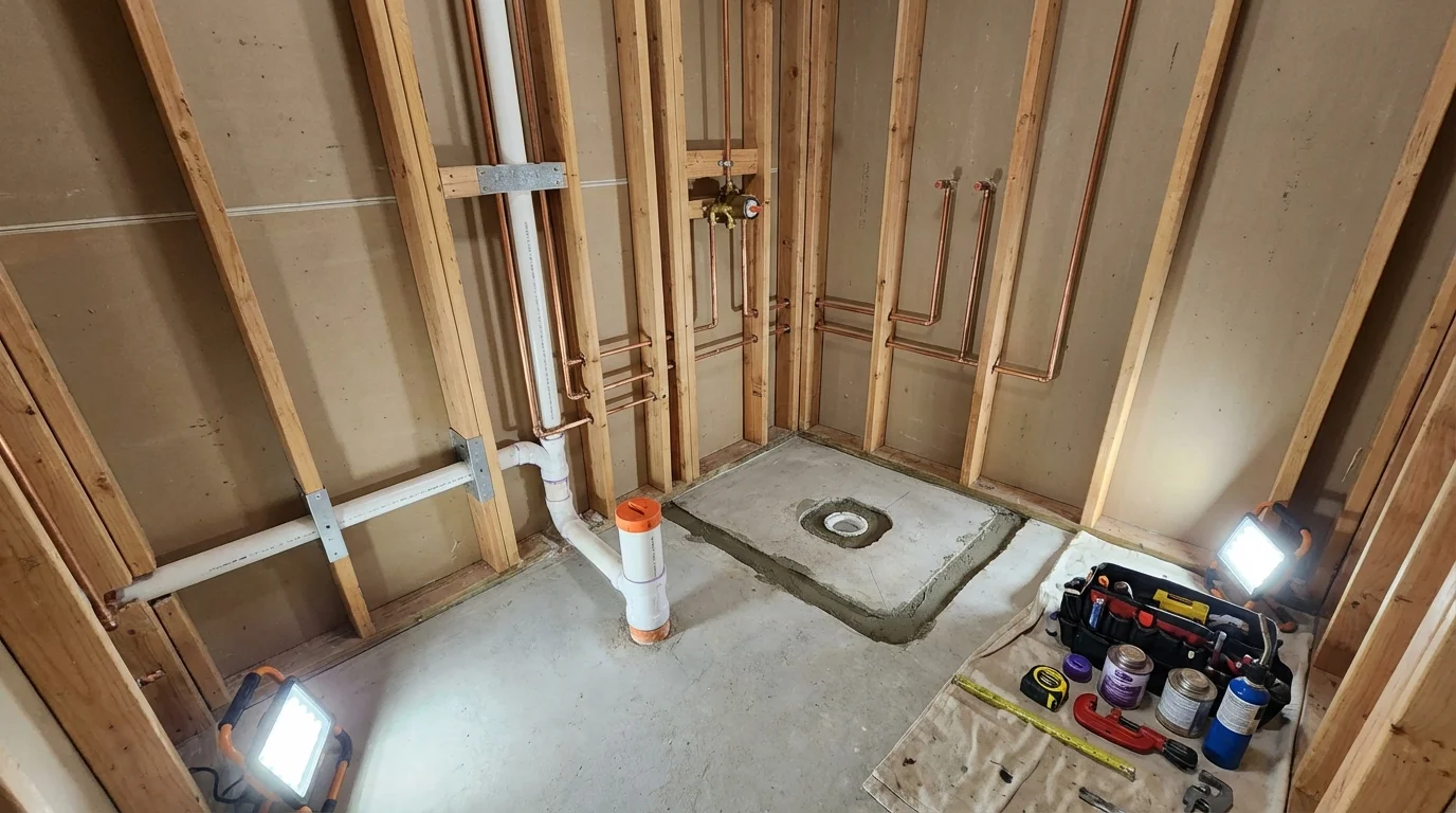 Bathroom rough-in plumbing during remodel by Johns Plumbing LLC in Goldthwaite