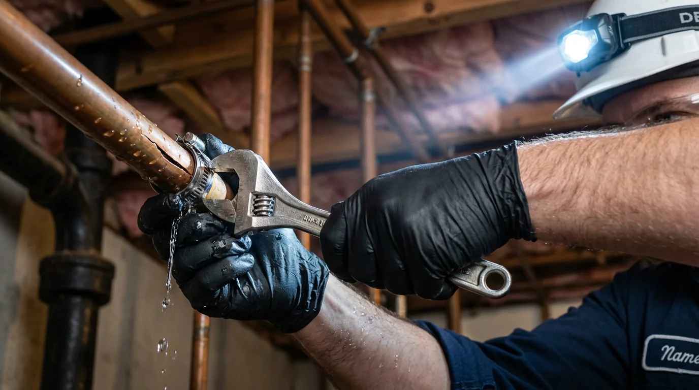 Emergency pipe clamp repair being performed by a Johns Plumbing LLC plumber in Goldthwaite