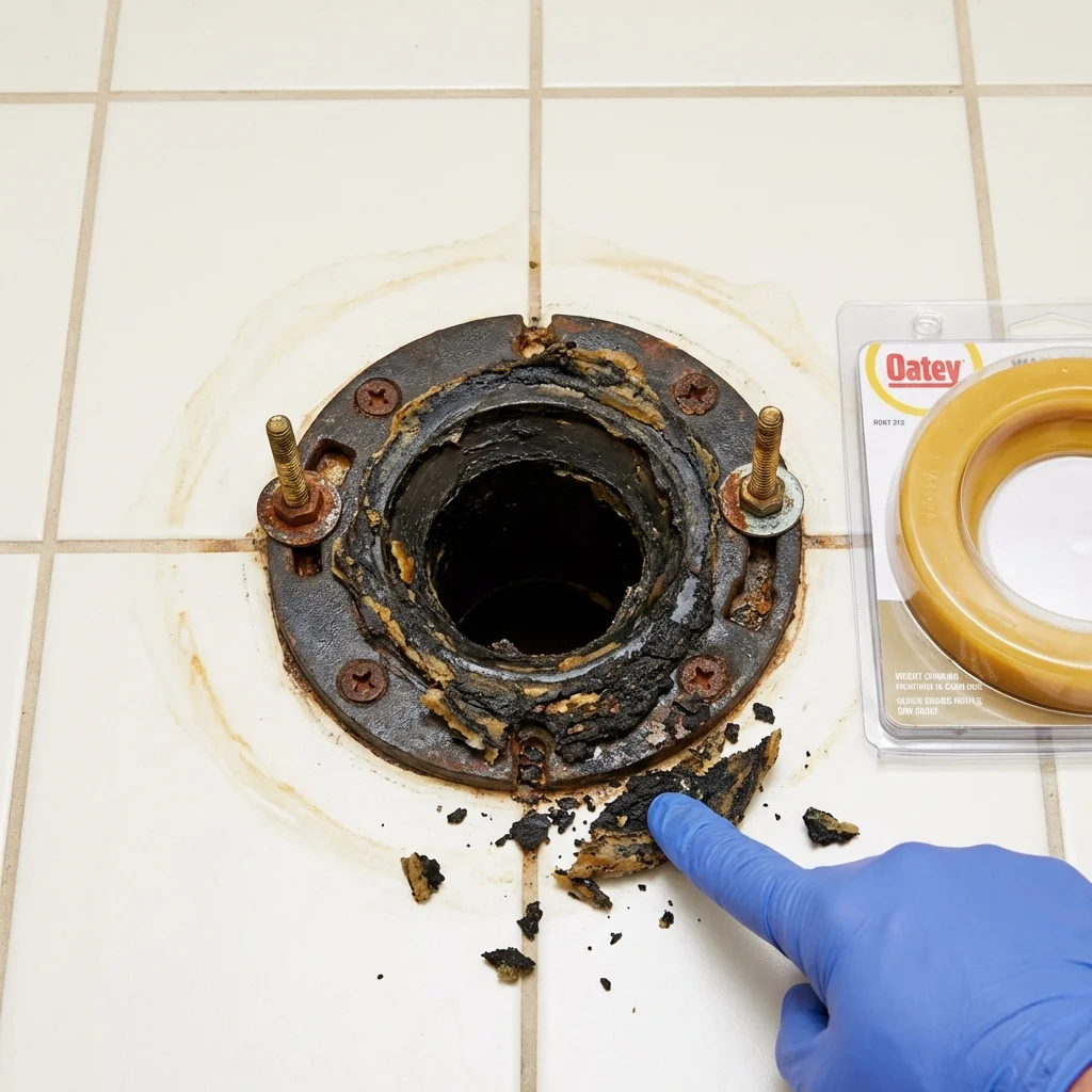 Failed wax ring showing water seepage at the base of a toilet in a Goldthwaite, TX home