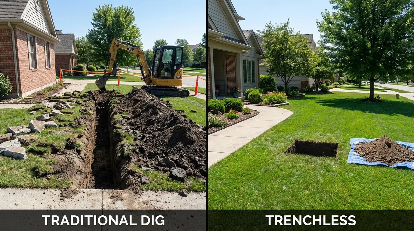 Trenchless sewer repair with minimal yard damage versus traditional excavation in Goldthwaite, TX