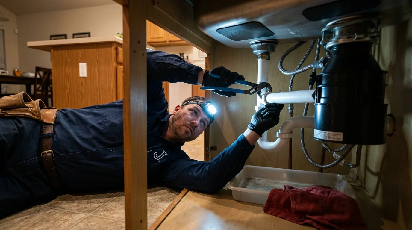 P-trap and supply line connections under a kitchen sink showing a common leak point in Goldthwaite, TX